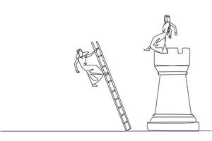 Single one line drawing Arab businessman kicks rival who climbs the chess rook with ladder. Wrong move. Wrong strategy. Plan leaked by colleague. Traitor. Continuous line design graphic illustration vector
