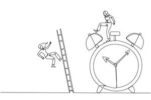 Single continuous line drawing businesswoman kicks opponent who climbs the alarm clock with ladder. Arrogance. No need for colleagues to complete many deadlines. One line design illustration vector