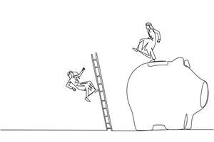 Continuous one line drawing Arab businessman kicks rival who climbs piggy bank with stair. Bringing down opponents so don't have any investment in future. Single line draw design illustration vector
