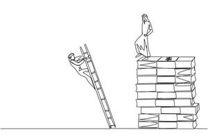 Single one line drawing Arab businessman kicks opponent who is climbs pile of banknotes with ladder. Struggle together but want to achieve big profit alone. Continuous line design graphic illustration vector