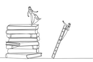 Single continuous line drawing Arab businessman kicks opponent who climbs a pile of books with a ladder. Failed to gain access to profitable business principles. One line design illustration vector
