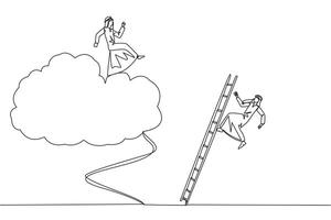 Continuous one line drawing Arab businessman kicks rival who climbs cloud with ladder. Perfect achievement in business. Bring down competitors in any way. Single line draw design illustration vector