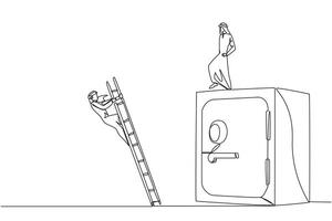 Single one line drawing Arab businessman kicks opponent who is climbs safe deposit box with ladder. Dropped roughly. Unable to save important files. Rival. Continuous line design graphic illustration vector