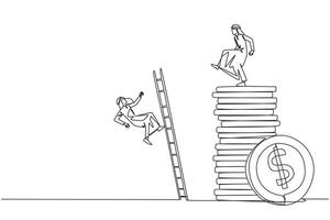 Single continuous line drawing Arab businessman kicks opponent who climbs a pile of coins with a ladder. Greed for wealth. Forgetting comrades in arms. The traitor. One line design illustration vector