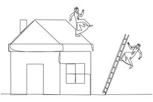 Single one line drawing Arab businessman kicks rival who climbs miniature house with stairs. Metaphor of fraud committed by house developers. Bad business. Continuous line design graphic illustration vector