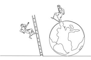 Single continuous line drawing Arab businessman kicks opponent who climbing the globe with a ladder. Failed to be on top of the world. Dropped by business friend. One line design illustration vector