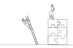 Continuous one line drawing Arab businessman kicks opponent who climbs the puzzle with stairs. Betrayed by colleague when successfully resolving a problem. Single line draw design illustration vector