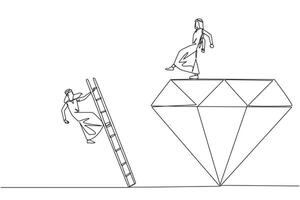 Single continuous line drawing Arab businessman kicks rival who climbs the diamond with a ladder. Knocking rival down from achieving a glorious position together. One line design illustration vector