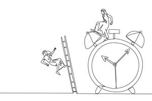 Continuous one line drawing Arab businessman kicks rival who climbs alarm clock with ladder. Arrogance. No need for colleagues to complete many deadlines. Single line draw design illustration vector