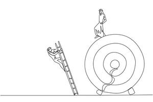 Single continuous line drawing Arab businessman kicks colleague who climbs the target arrow board with a ladder. The metaphor of getting rid of business destroyers. One line design illustration vector