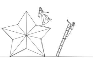 Continuous one line drawing Arab businessman kicks opponent who is climbing the star with a ladder. Dropping opponents from achieving the same dream. Rival. Single line draw design illustration vector