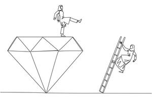 Single continuous line drawing Arab businesswoman kicks rival who climbs the diamond with a ladder. Knocking rival down from achieving a glorious position together. One line design illustration vector