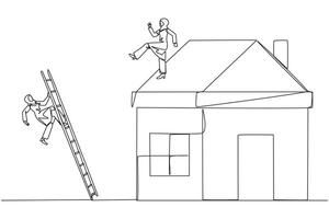 Single continuous line drawing Arab businesswoman kicks rival who climbs miniature house with stairs. Metaphor of fraud committed by house developers. Bad business. One line design illustration vector