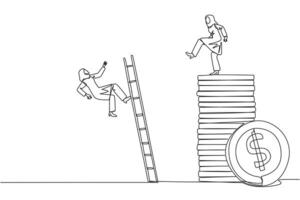 Single continuous line drawing Arab businesswoman kicks opponent who climbs a pile of coins with a ladder. Greed for wealth. Forgetting comrades in arms. Traitor. One line design illustration vector