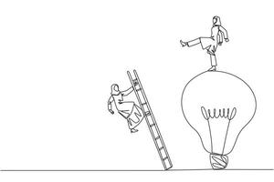 Single continuous line drawing Arab businesswoman kicks opponent who climbs lightbulb with a ladder. Dropping colleague because don't have bright ideas. Traitor. One line design illustration vector
