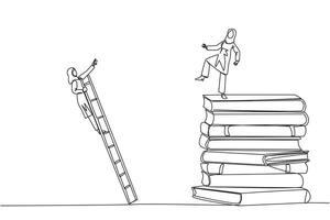 Continuous one line drawing Arab businesswoman kicks opponent who climbs pile of books with ladder. Failed to gain access to profitable business principles. Single line draw design illustration vector