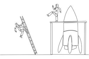 Continuous one line drawing Arab businesswoman kicks opponent who climbs rocket with ladder. Failure to open new business. Cheated by colleague. Traitor. Single line draw design illustration vector