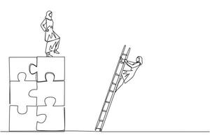 Single one line drawing Arab businesswoman kicks opponent who climbs the puzzle with stairs. Betrayed by colleague when successfully resolving a problem. Continuous line design graphic illustration vector