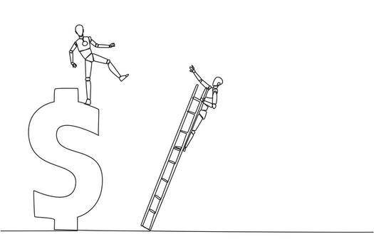 Single continuous line drawing smart robot kicks the rival who is climbing a dollar symbol with ladder. Unhealthy competition. Using rough methods to bring down. One line design illustration vector