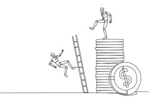 Continuous one line drawing the robot kicks opponent who climbing a pile of coins with a ladder. Greed for wealth. Forgetting comrades in arms. The traitor. Single line draw design illustration vector