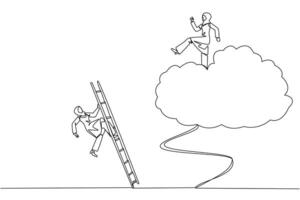 Single continuous line drawing Arabian businesswoman kicks rival who climbs cloud with ladder. Perfect achievement in business. Bring down competitors in any way. One line design illustration vector