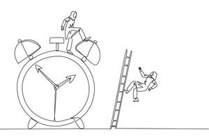 Single continuous line drawing Arabian businesswoman kicks rival who climbs alarm clock with ladder. Arrogance. No need for colleagues to complete many deadlines. One line design illustration vector