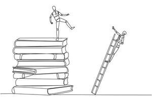 Continuous one line drawing smart robot kicks opponent who climbing a pile of books with a ladder. Failed to gain access to profitable business principles. Single line draw design illustration vector