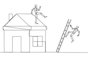 Single continuous line drawing smart robot kicks opponent who climbs a miniature house with stairs. Metaphor of fraud committed by house developers. Bad business. One line design illustration vector