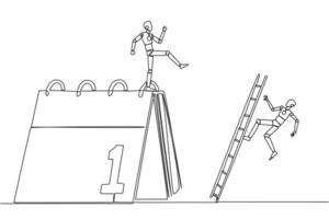 Continuous one line drawing smart robot kicks opponent who is climbing a desk calendar with a ladder. Vacations will be canceled due to many deadlines. Single line draw design illustration vector