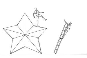 Continuous one line drawing smart robot kicks opponent who is climbing the star with the ladder. Dropping opponents from achieving the same dream. Rival. Single line draw design illustration vector