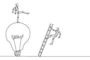 Single one line drawing smart robot kicks opponent who climbing the lightbulb with a ladder. Dropping colleague because don't have bright ideas. Traitor. Continuous line design graphic illustration vector