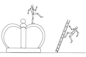 Single continuous line drawing smart robot kicks opponent who is climbing the crown with a ladder. Making rivals fall from business glory. Unhealthy competition. One line design illustration vector
