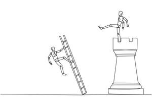 Single one line drawing smart robot kicks opponent who climbing the chess rook with ladder. Wrong move. Wrong strategy. Plan leaked by colleague. Traitor. Continuous line design graphic illustration vector