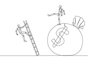Single continuous line drawing smart robot kicks opponent who is climbing the money bag with a ladder. Cheated by a business partner. Unprofitable business. Rival. One line design illustration vector