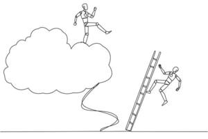 Single one line drawing smart robot kicks opponent who climbing the cloud with a ladder. Perfect achievement in business. Bring down competitors in any way. Continuous line design graphic illustration vector