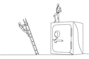 Single continuous line drawing the smart robot kicks opponent who is climbs safe deposit box with ladder. Dropped roughly. Unable to save important files. Rival. One line design illustration vector