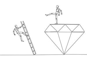 Single continuous line drawing smart robot kicks rival who is climbing the diamond with a ladder. Knocking rival down from achieving a glorious position together. One line design illustration vector