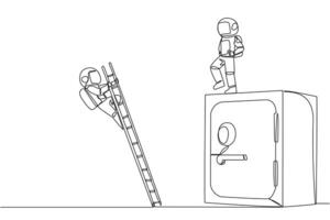 Continuous one line drawing astronaut kicks opponent who is climbs safe deposit box with ladder. Dropped roughly. Unable to save important files. The rival. Single line draw design illustration vector