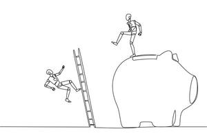 Continuous one line drawing robot kicks opponent who is climbing piggy bank with stair. Bringing down opponents so don't have any investment in the future. Single line draw design illustration vector