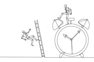 Single one line drawing smart robot kicks opponent who climbs the alarm clock with ladder. Arrogance. No need for colleagues to complete many deadlines. Continuous line design graphic illustration vector
