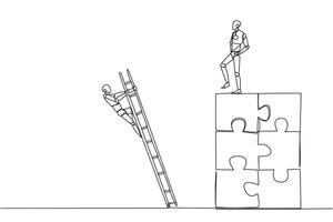 Single one line drawing smart robot kicks opponent who climbing the puzzle with the stairs. Betrayed by colleague when successfully resolving a problem. Continuous line design graphic illustration vector