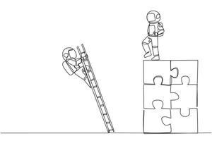 Single continuous line drawing the astronaut kicks opponent who climbing the puzzle with the stairs. Betrayed by colleague when successfully resolving a problem. One line design illustration vector