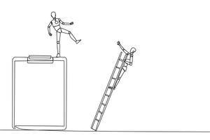 Single continuous line drawing smart robot kicks opponent who is climbing a big clipboard with a ladder. The bully will ruin the daily report. Chase away bullies. One line design illustration vector