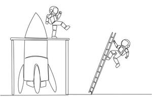 Single continuous line drawing astronaut kicks opponent who climbing the rocket with ladder. Failure to open new business. Cheated by business friend. The traitor. One line design illustration vector