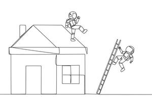 Single continuous line drawing astronaut kicks opponent who climbs a miniature house with the stairs. Metaphor of fraud committed by house developers. Bad business. One line design illustration vector