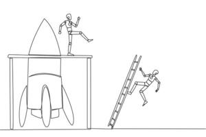 Continuous one line drawing the robot kicks opponent who climbing the rocket with ladder. Failure to open new business. Cheated by business friend. Traitor. Single line draw design illustration vector