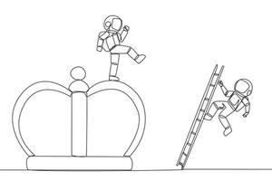 Single one line drawing astronaut kicks opponent who is climbing the crown with a ladder. Making rivals fall from the business glory. Unhealthy competition. Continuous line design graphic illustration vector