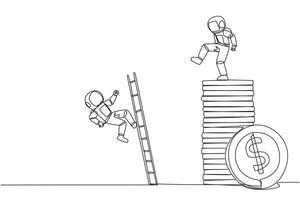 Continuous one line drawing astronaut kicks opponent who climbing a pile of coins with a ladder. Greed for wealth. Forgetting comrades in arms. The traitor. Single line draw design illustration vector