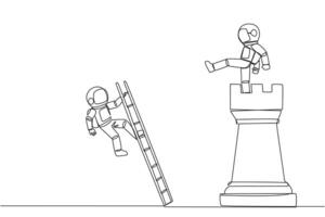 Single one line drawing astronaut kicks opponent who climbing the chess rook with ladder. Wrong move. Wrong strategy. Plan leaked by colleague. Traitor. Continuous line design graphic illustration vector