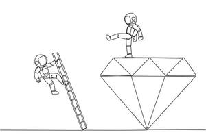 Single one line drawing astronaut kicks rival who is climbing the diamond with a ladder. Knocking rival down from achieving a glorious position together. Continuous line design graphic illustration vector
